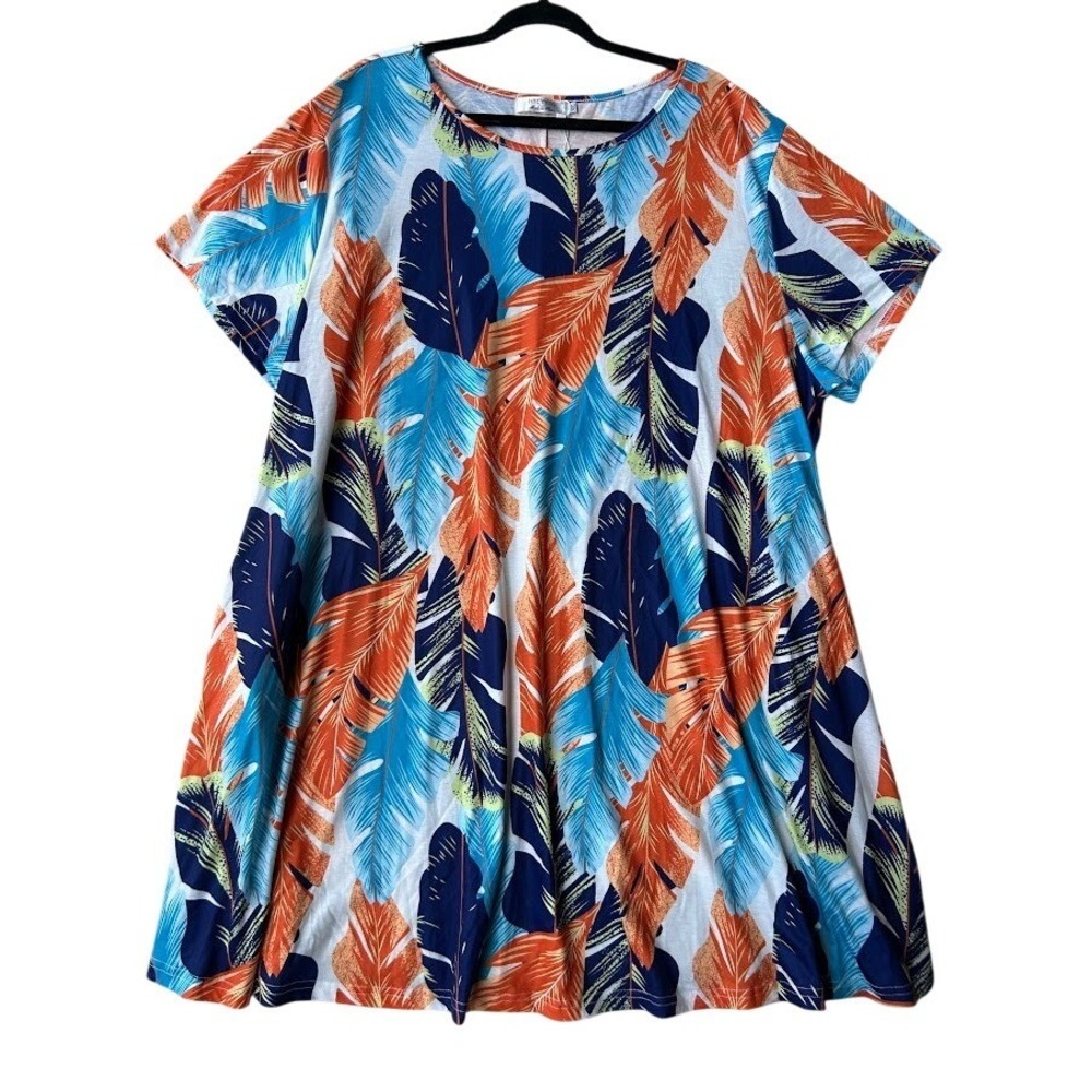 HBEYYTO  4XL Tropical Leaf Print Short Sleeve Pocket Mini Dress Blue Orange